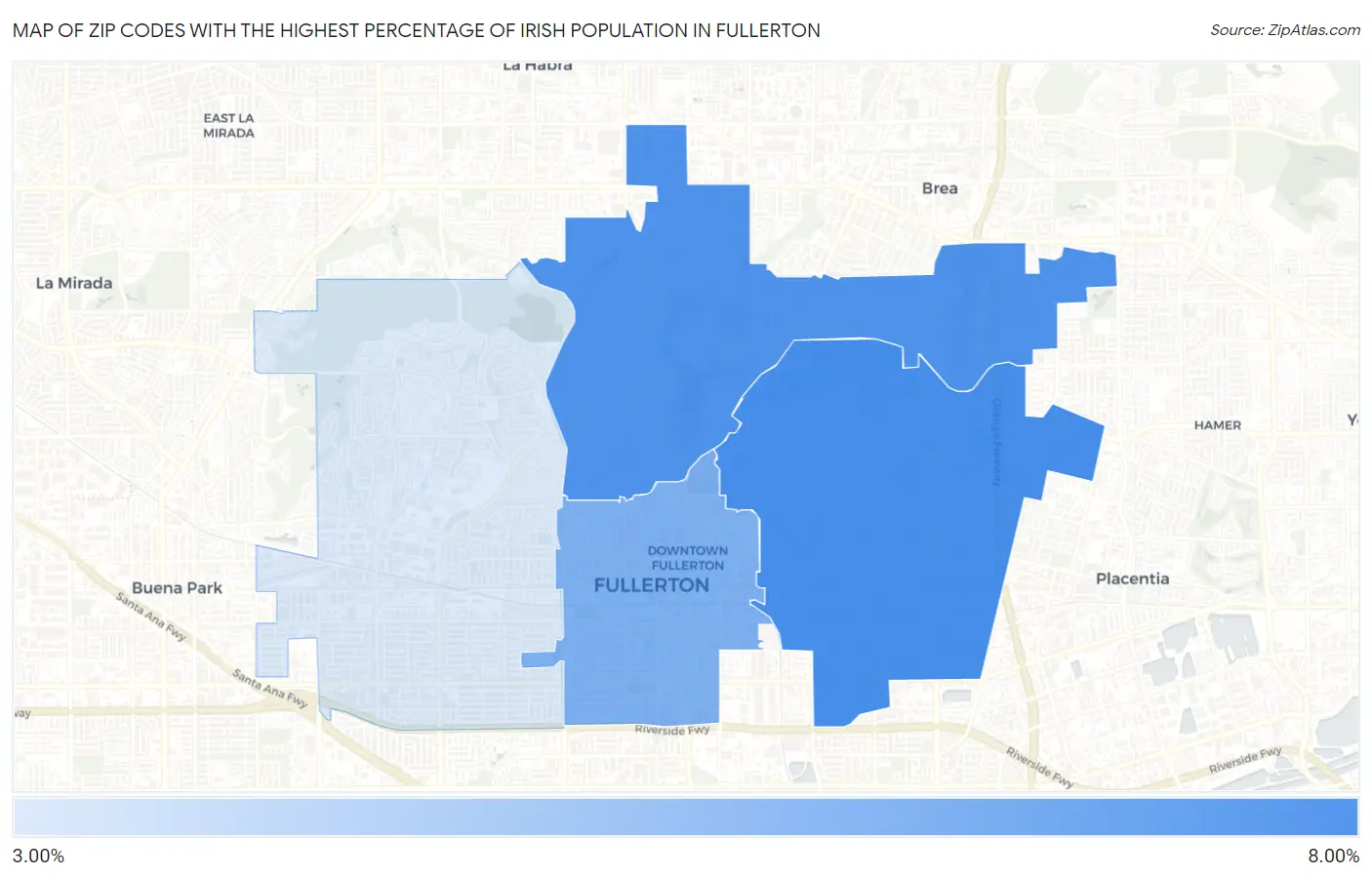 Zip Codes with the Highest Percentage of Irish Population in Fullerton Map