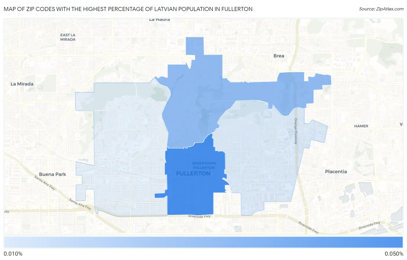 Zip Codes with the Highest Percentage of Latvian Population in Fullerton Map