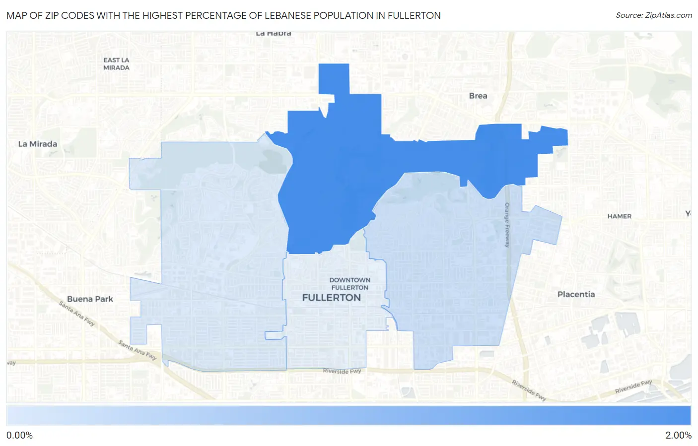 Zip Codes with the Highest Percentage of Lebanese Population in Fullerton Map