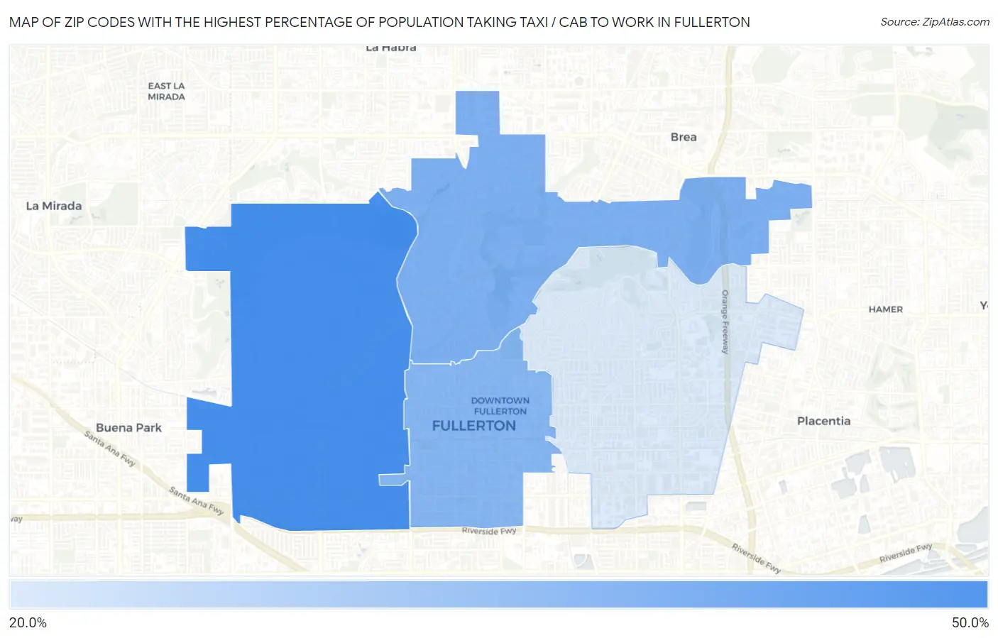 Zip Codes with the Highest Percentage of Population Taking Taxi / Cab to Work in Fullerton Map