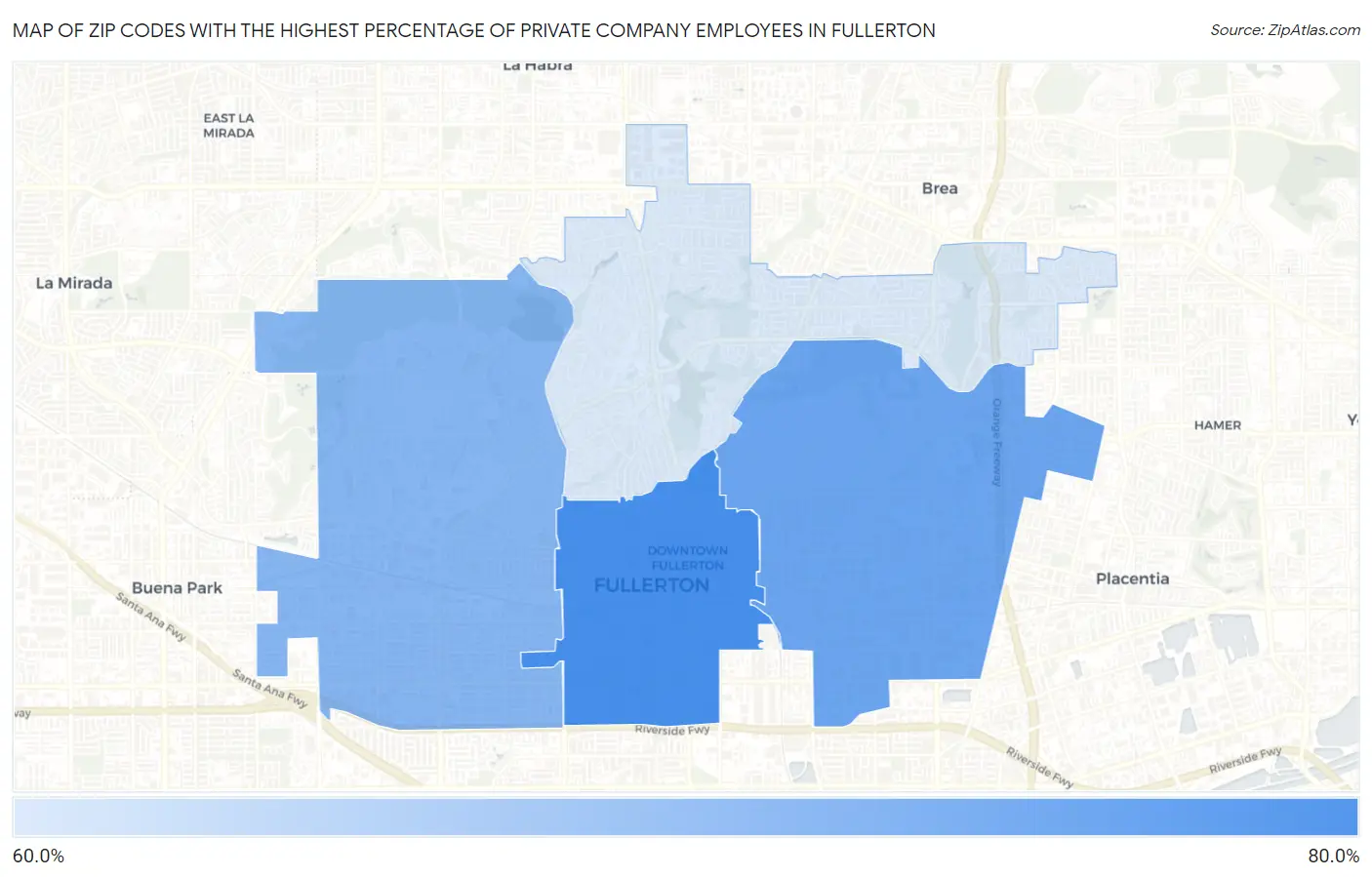 Zip Codes with the Highest Percentage of Private Company Employees in Fullerton Map