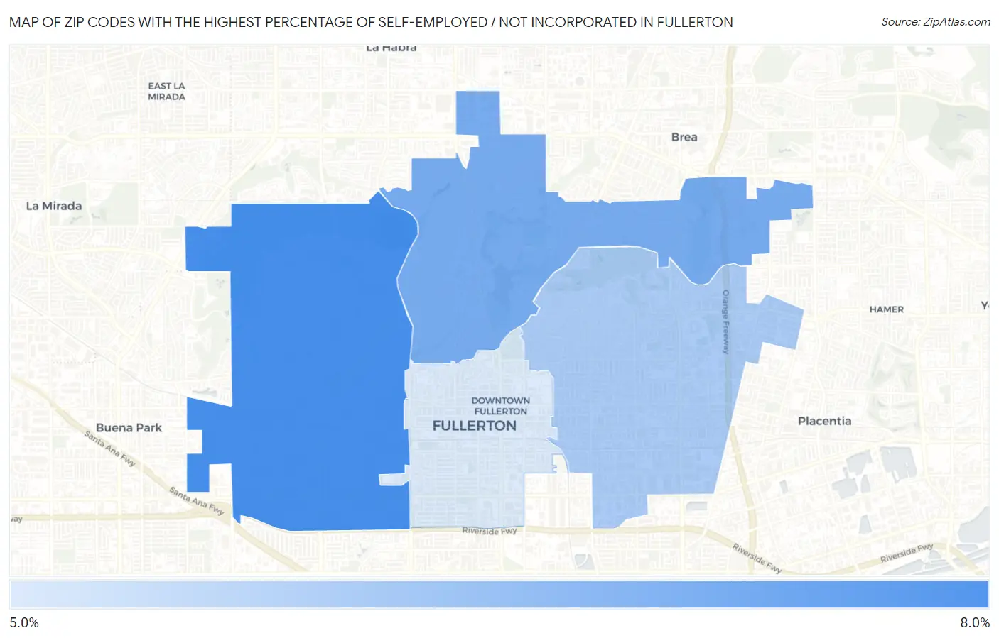 Zip Codes with the Highest Percentage of Self-Employed / Not Incorporated in Fullerton Map