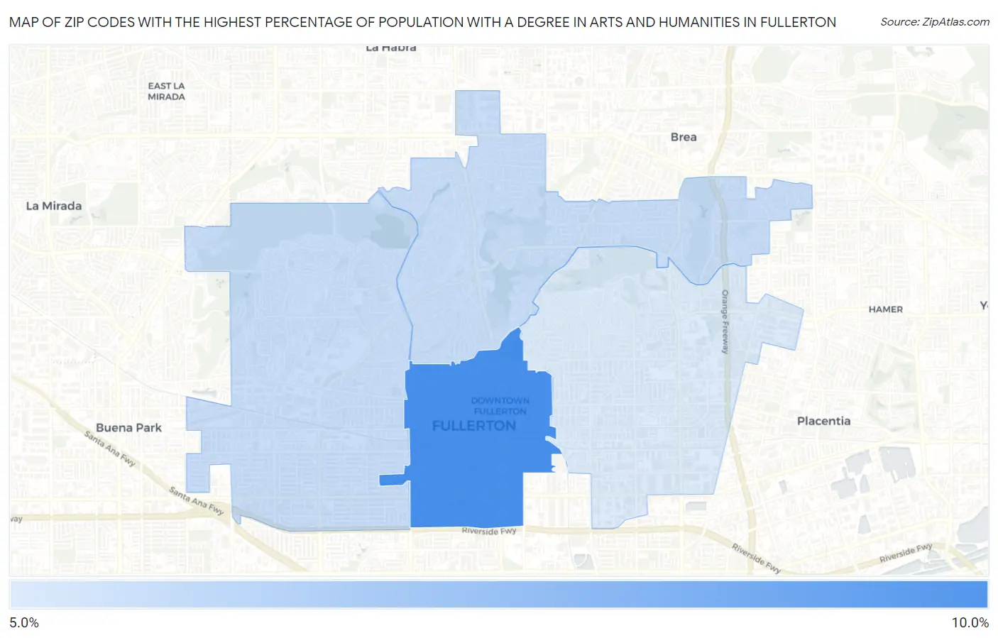 Zip Codes with the Highest Percentage of Population with a Degree in Arts and Humanities in Fullerton Map