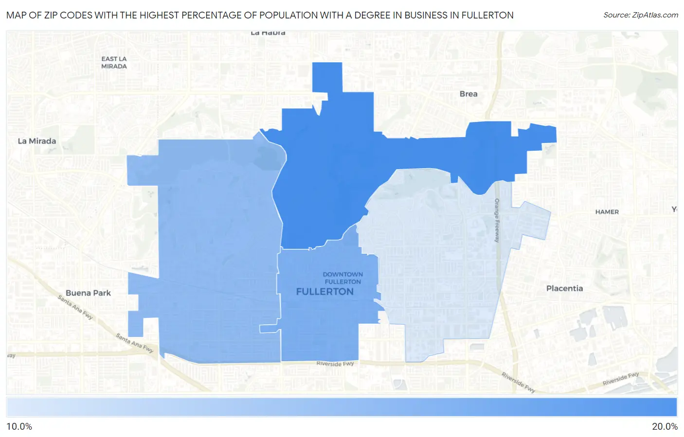 Zip Codes with the Highest Percentage of Population with a Degree in Business in Fullerton Map
