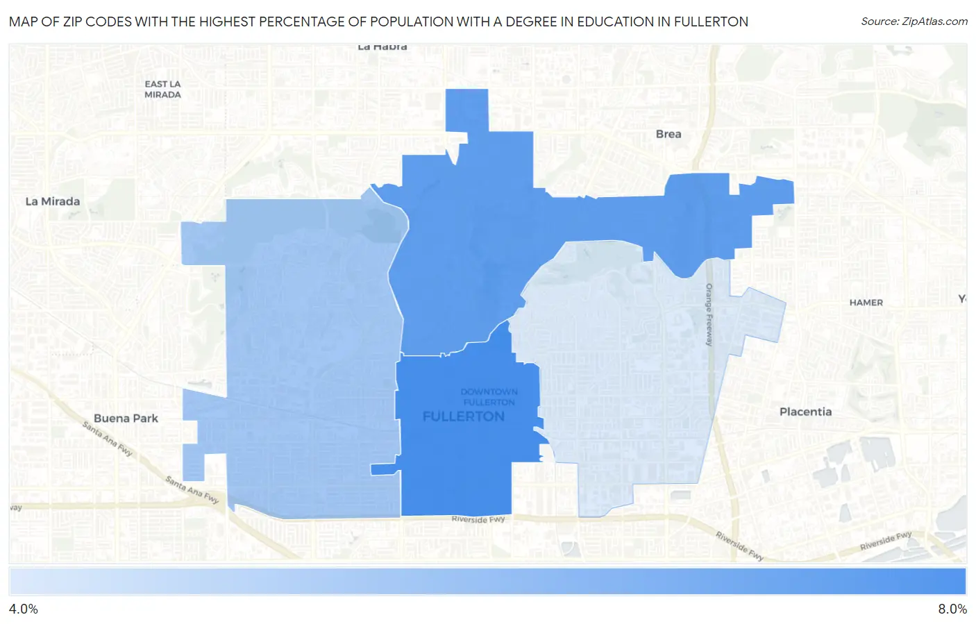 Zip Codes with the Highest Percentage of Population with a Degree in Education in Fullerton Map