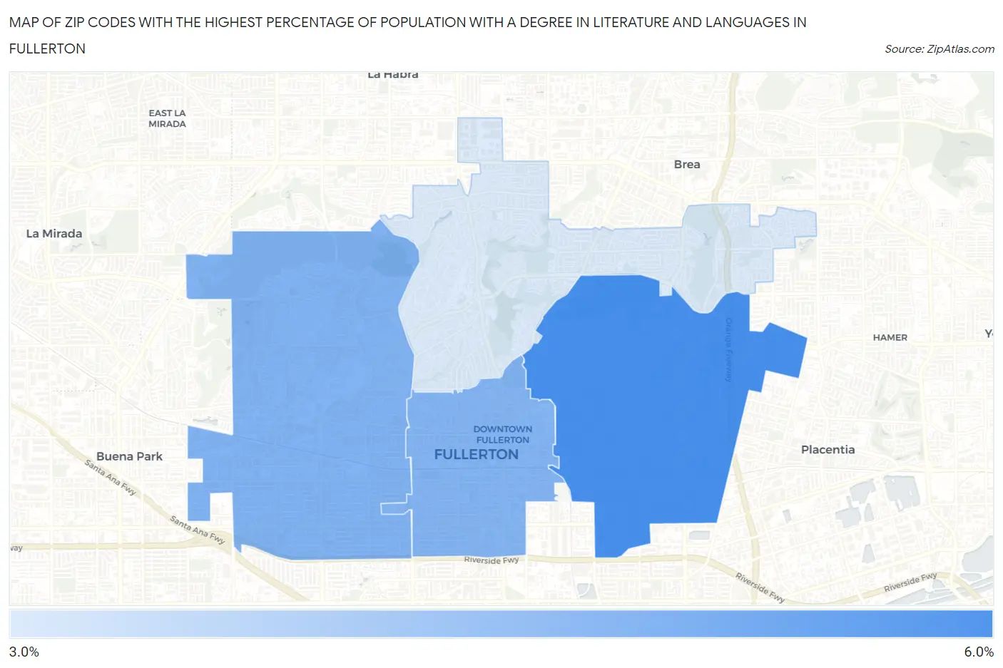 Zip Codes with the Highest Percentage of Population with a Degree in Literature and Languages in Fullerton Map