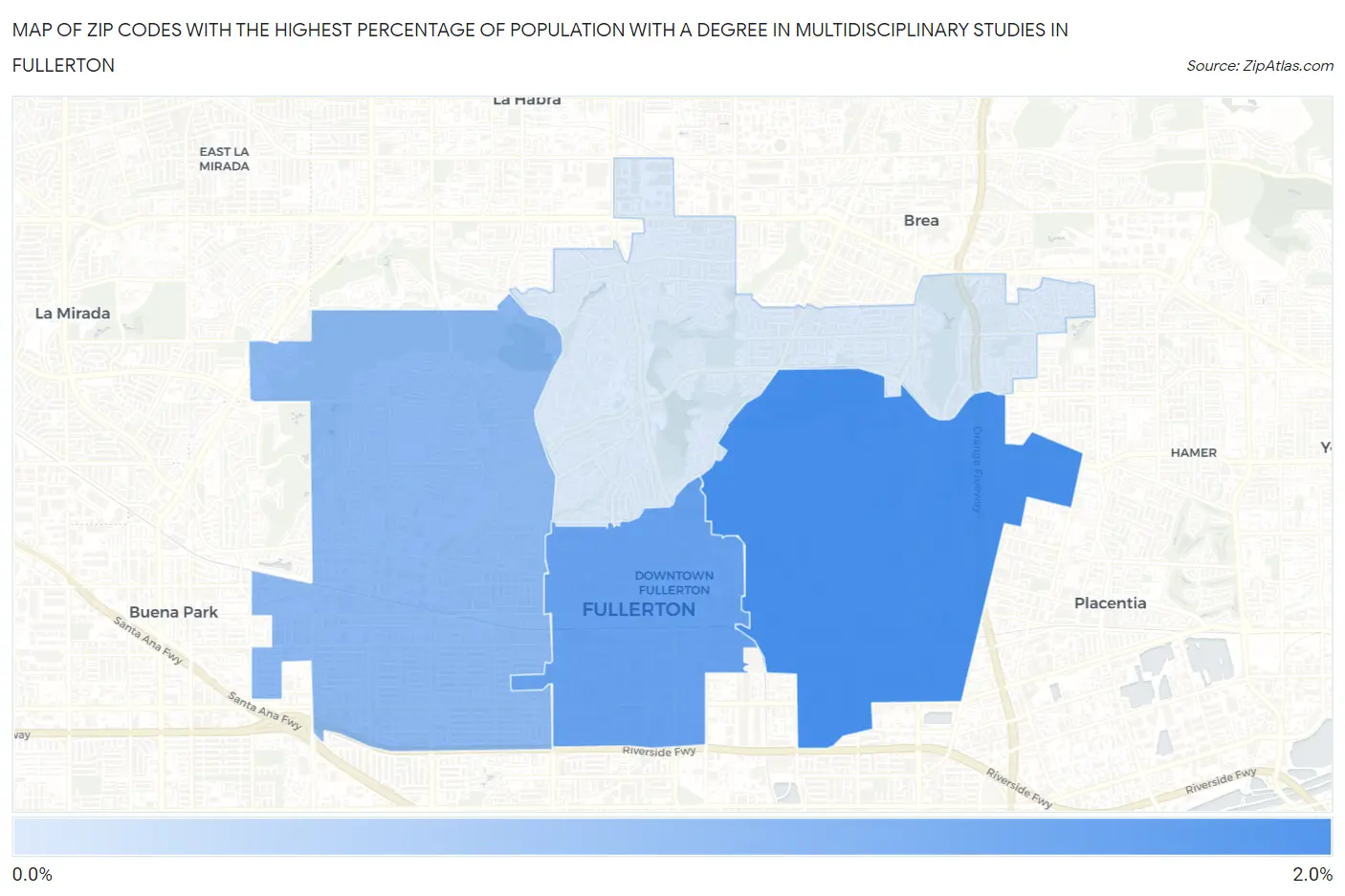 Zip Codes with the Highest Percentage of Population with a Degree in Multidisciplinary Studies in Fullerton Map