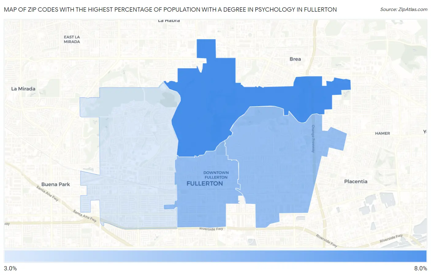 Zip Codes with the Highest Percentage of Population with a Degree in Psychology in Fullerton Map