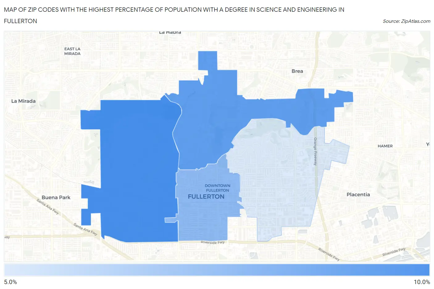 Zip Codes with the Highest Percentage of Population with a Degree in Science and Engineering in Fullerton Map