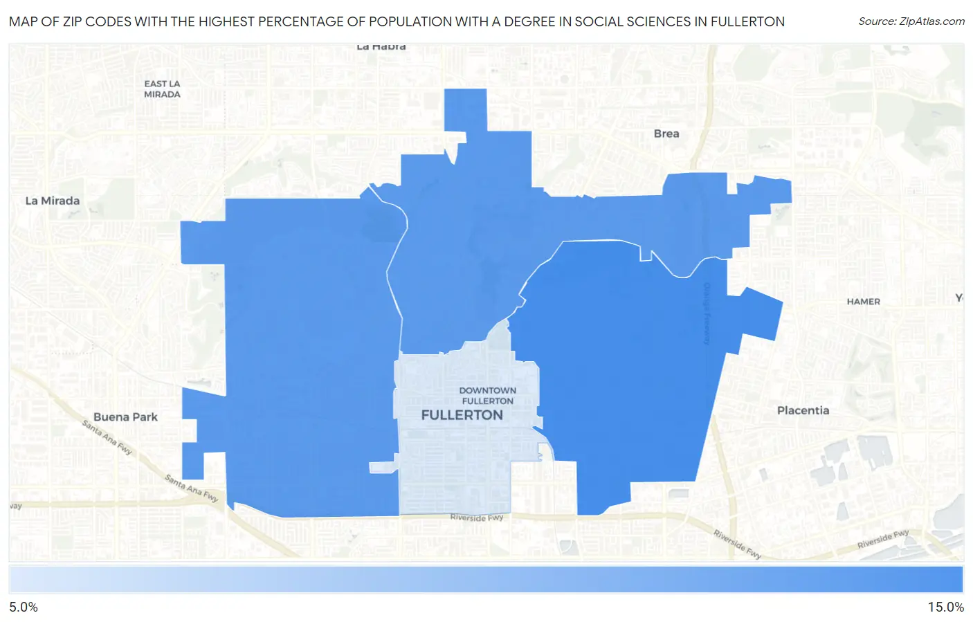 Zip Codes with the Highest Percentage of Population with a Degree in Social Sciences in Fullerton Map
