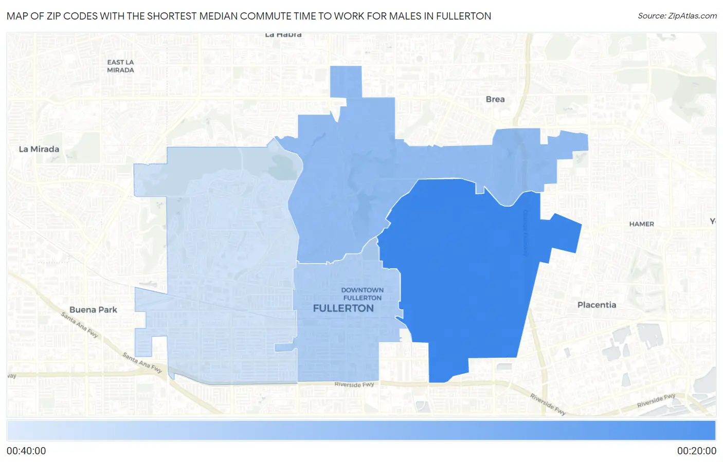 Zip Codes with the Shortest Median Commute Time to Work for Males in Fullerton Map
