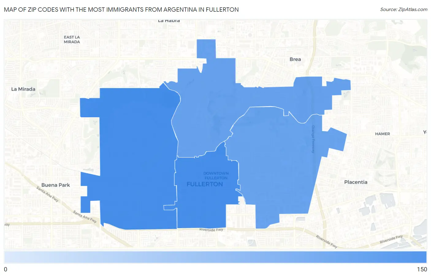 Zip Codes with the Most Immigrants from Argentina in Fullerton Map