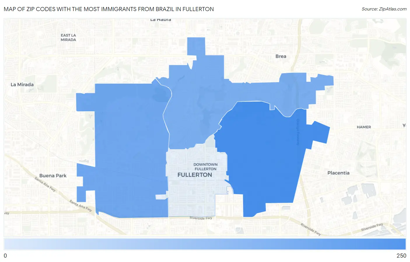 Zip Codes with the Most Immigrants from Brazil in Fullerton Map