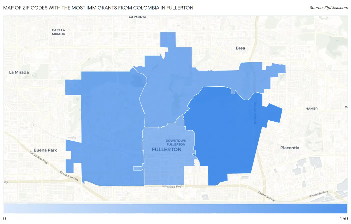 Zip Codes with the Most Immigrants from Colombia in Fullerton Map