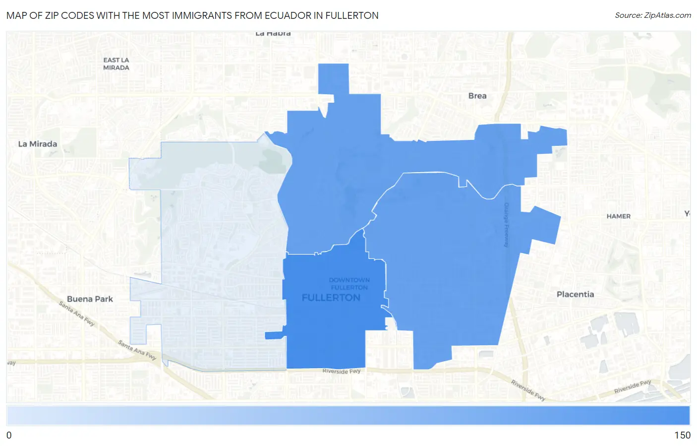 Zip Codes with the Most Immigrants from Ecuador in Fullerton Map