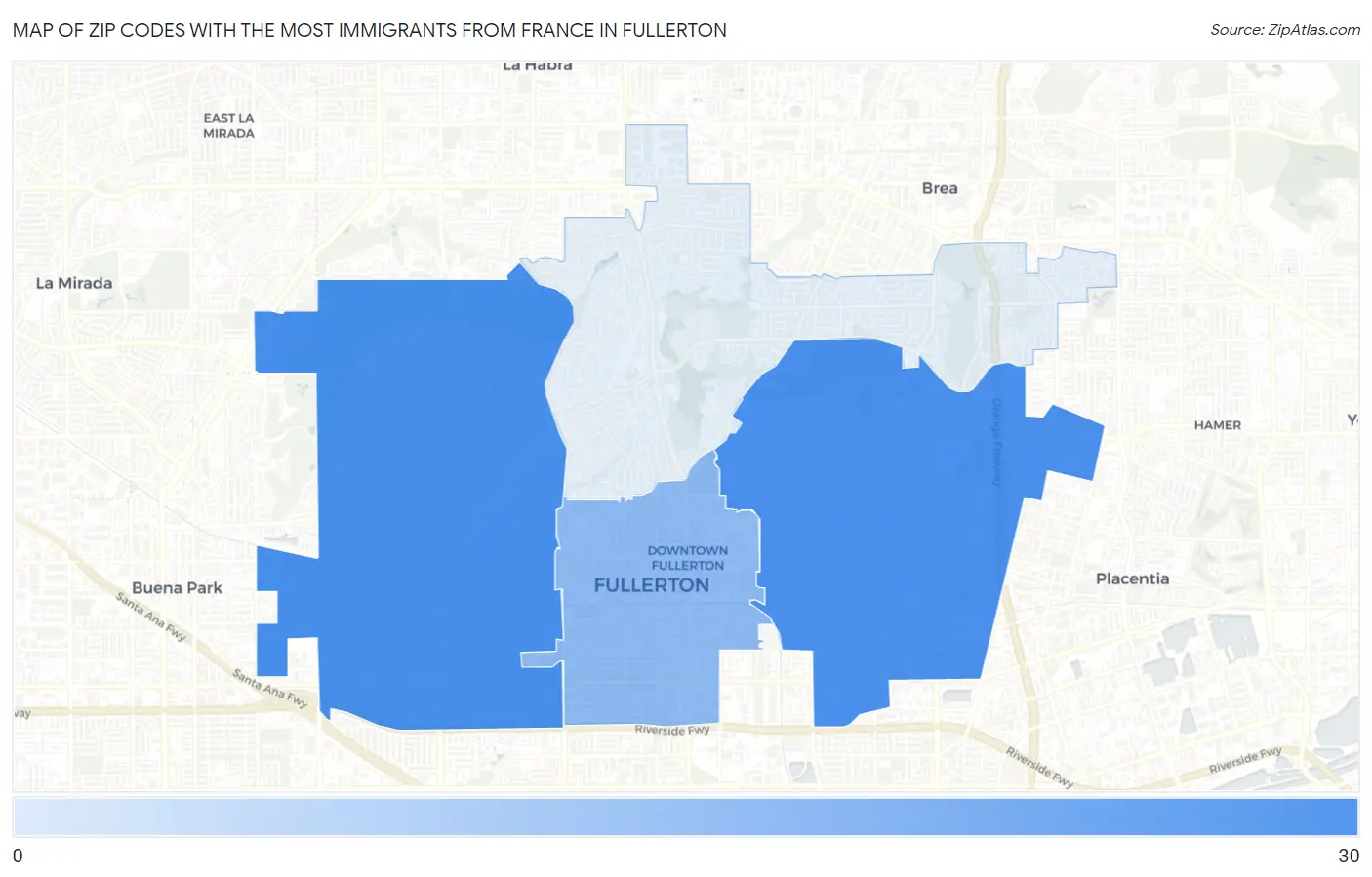 Zip Codes with the Most Immigrants from France in Fullerton Map