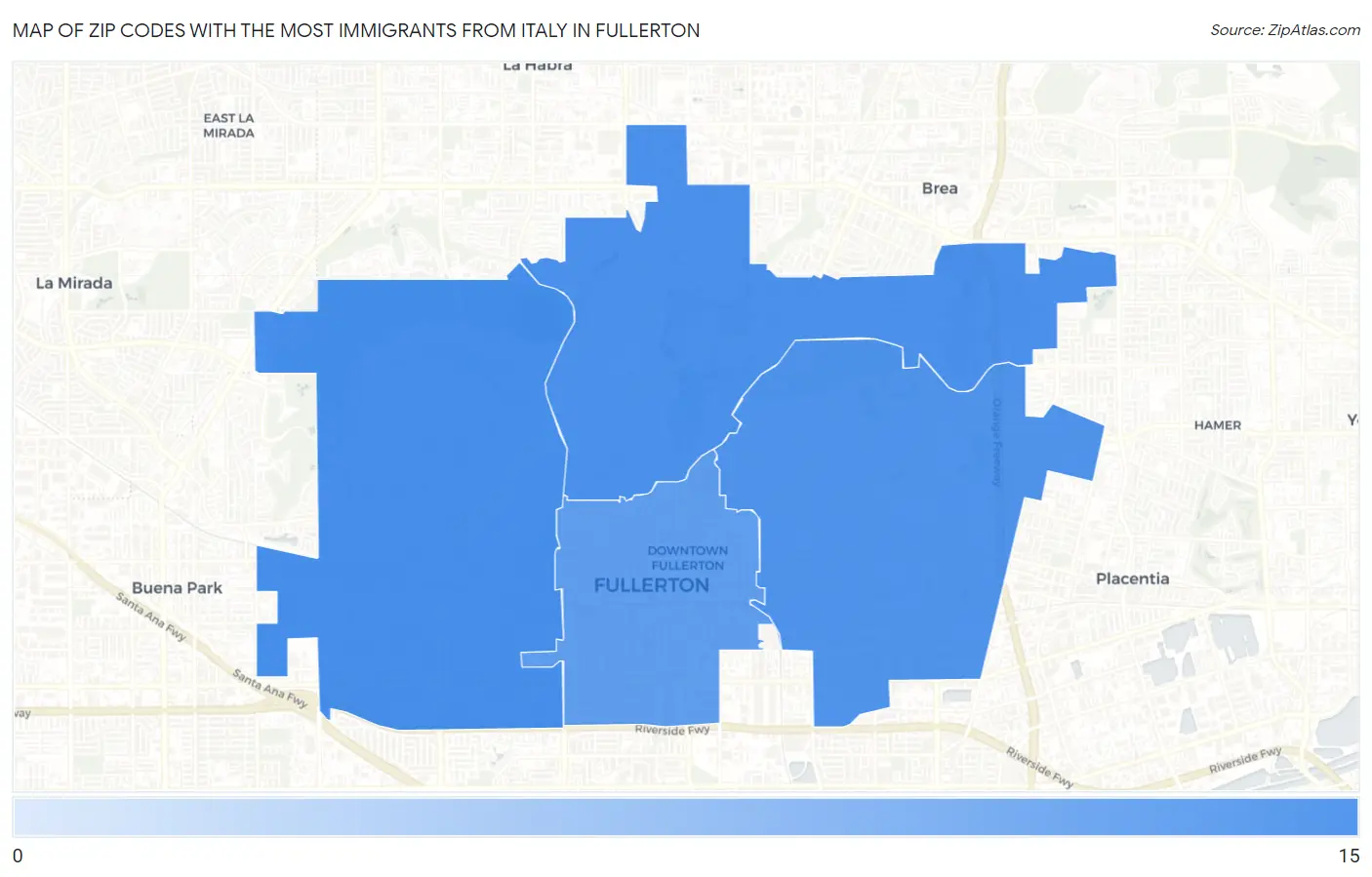 Zip Codes with the Most Immigrants from Italy in Fullerton Map