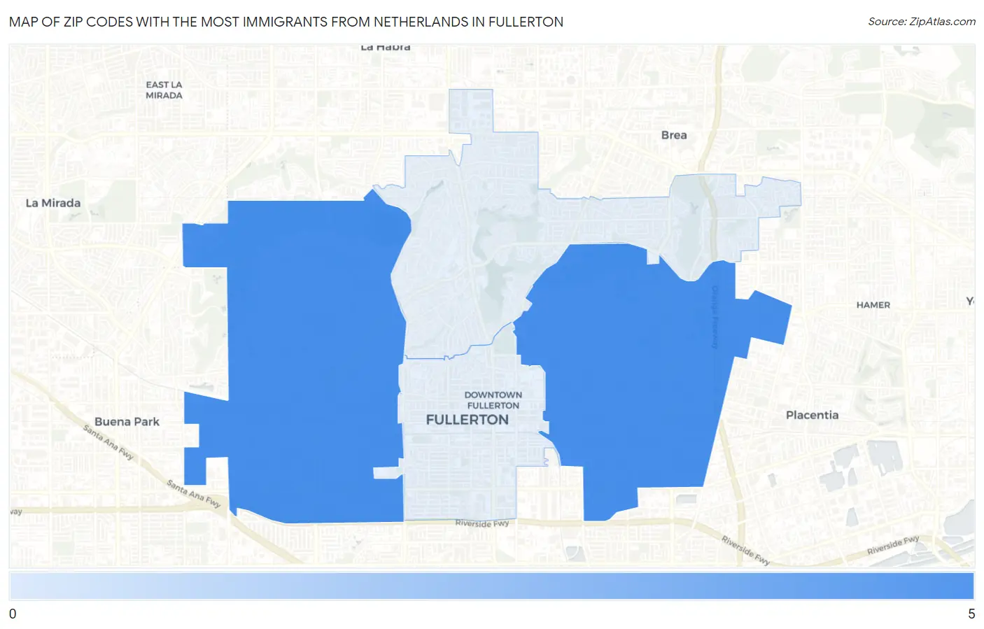 Zip Codes with the Most Immigrants from Netherlands in Fullerton Map