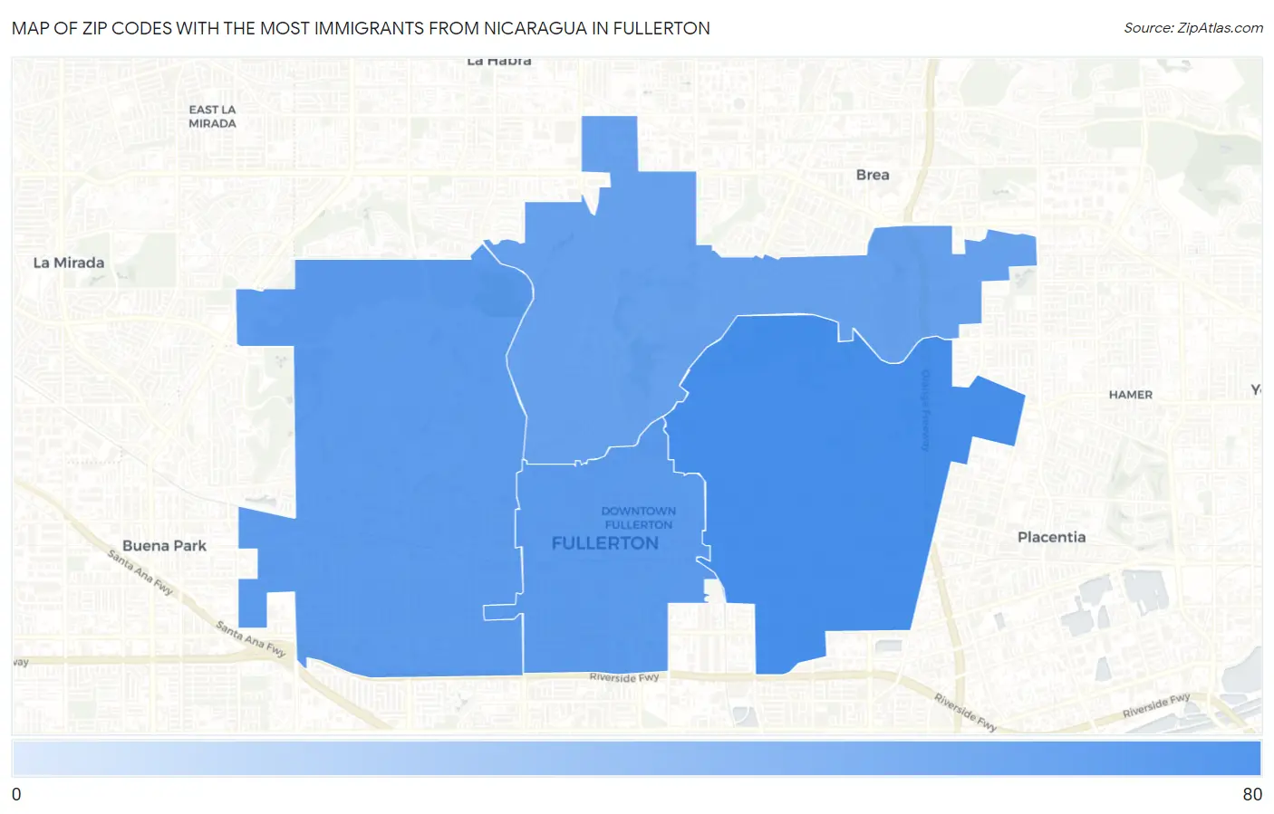 Zip Codes with the Most Immigrants from Nicaragua in Fullerton Map