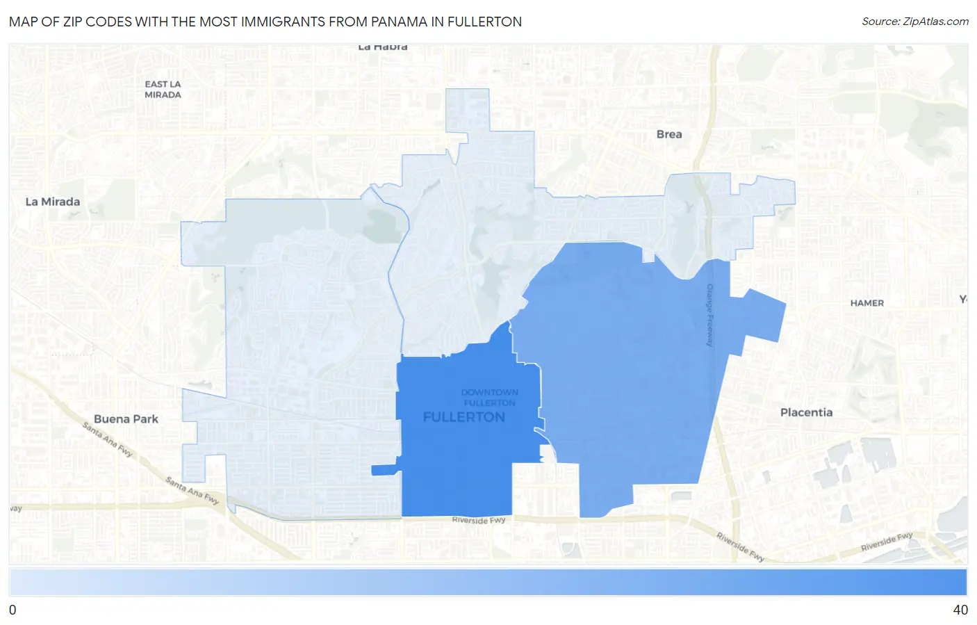 Zip Codes with the Most Immigrants from Panama in Fullerton Map