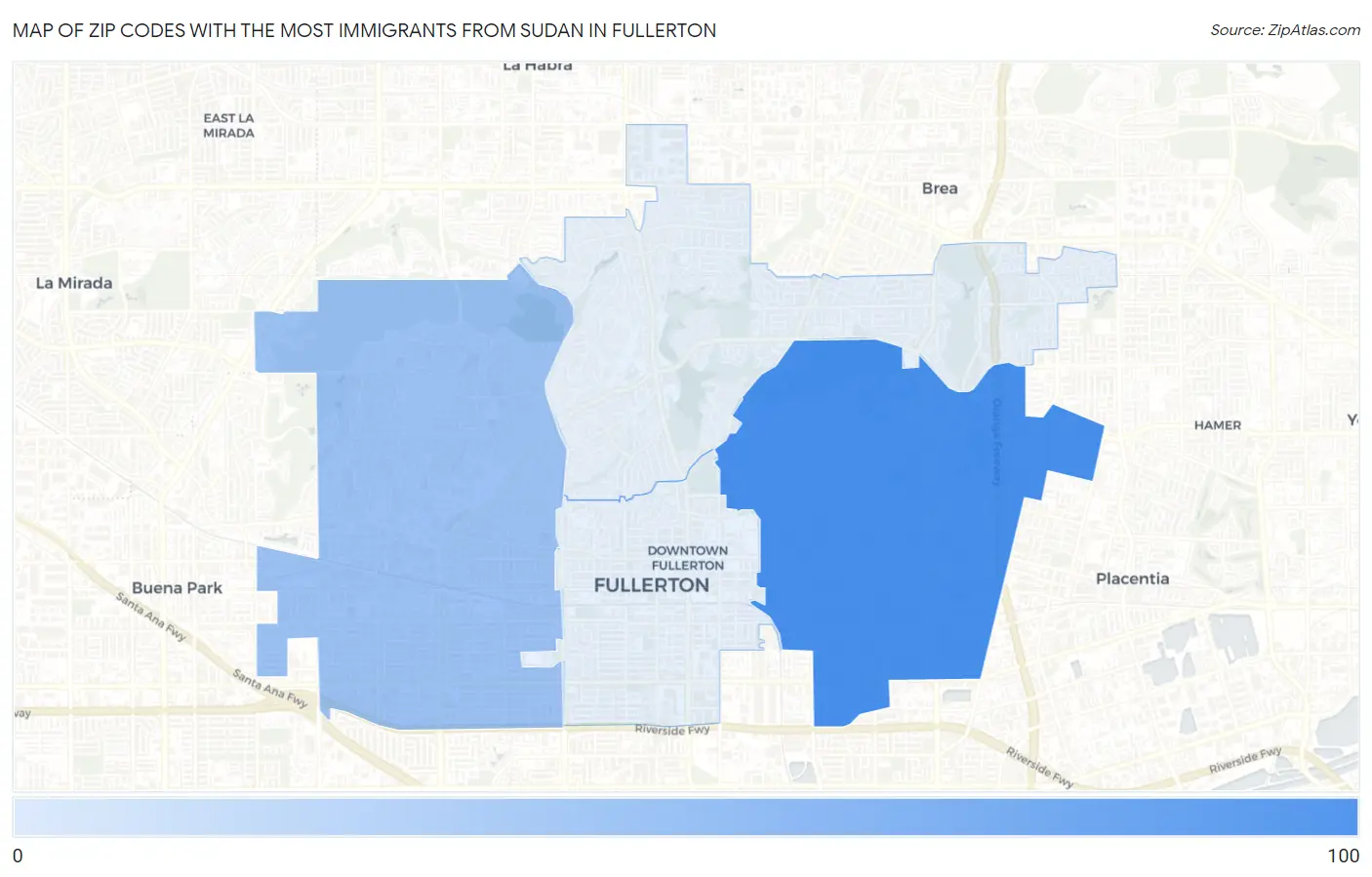 Zip Codes with the Most Immigrants from Sudan in Fullerton Map