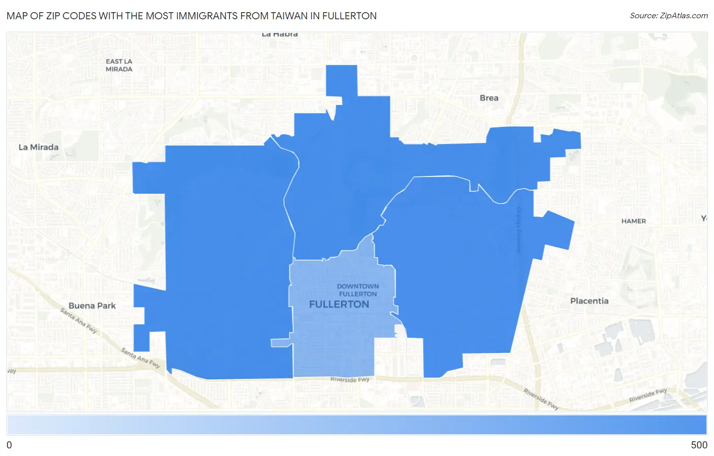 Zip Codes with the Most Immigrants from Taiwan in Fullerton Map