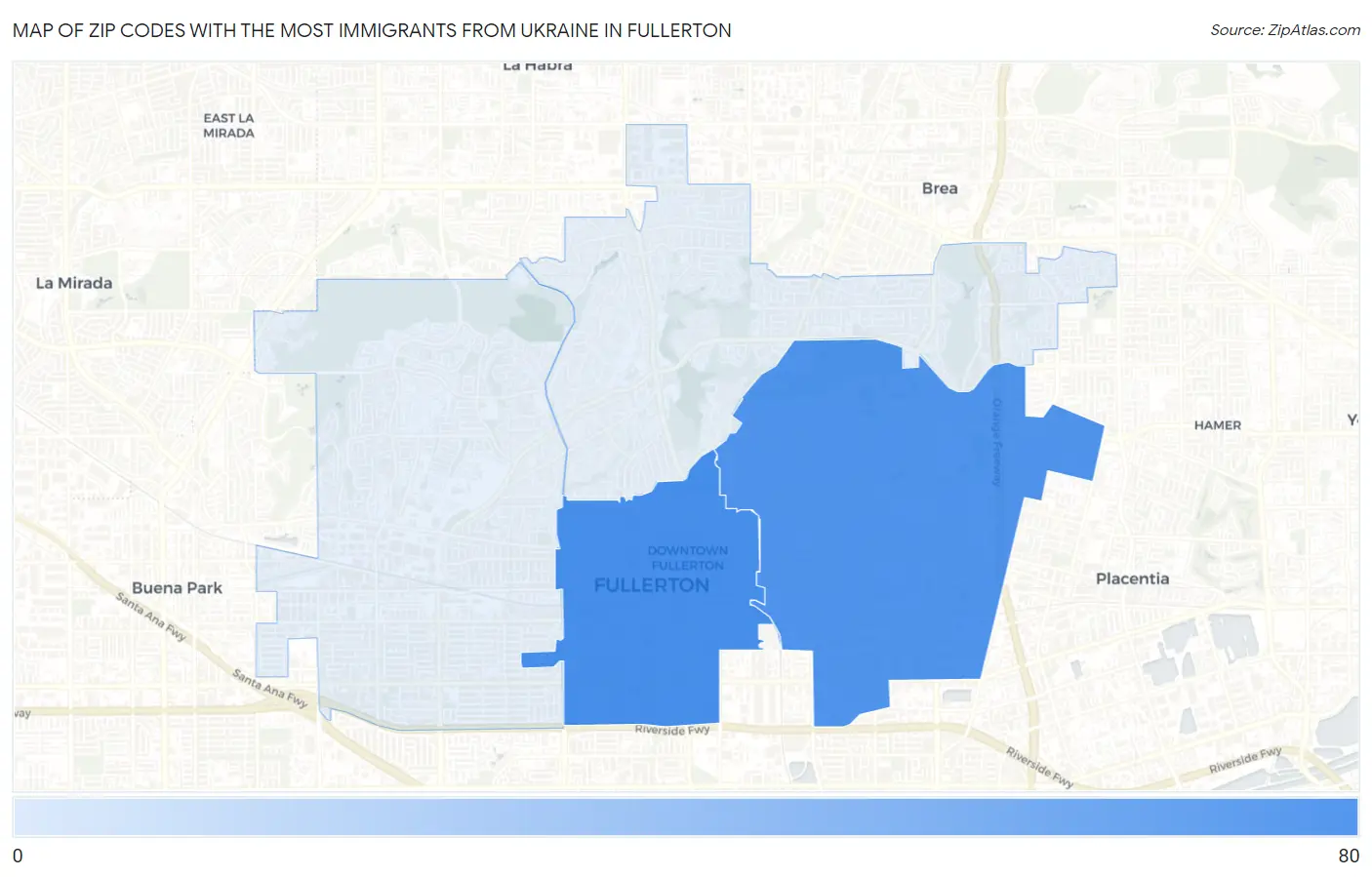 Zip Codes with the Most Immigrants from Ukraine in Fullerton Map