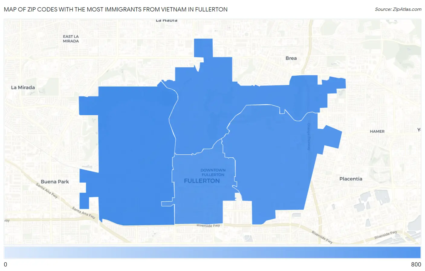 Zip Codes with the Most Immigrants from Vietnam in Fullerton Map