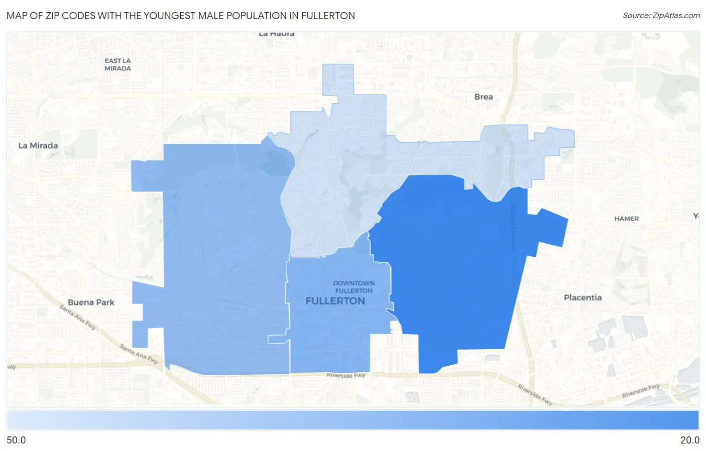 Zip Codes with the Youngest Male Population in Fullerton Map