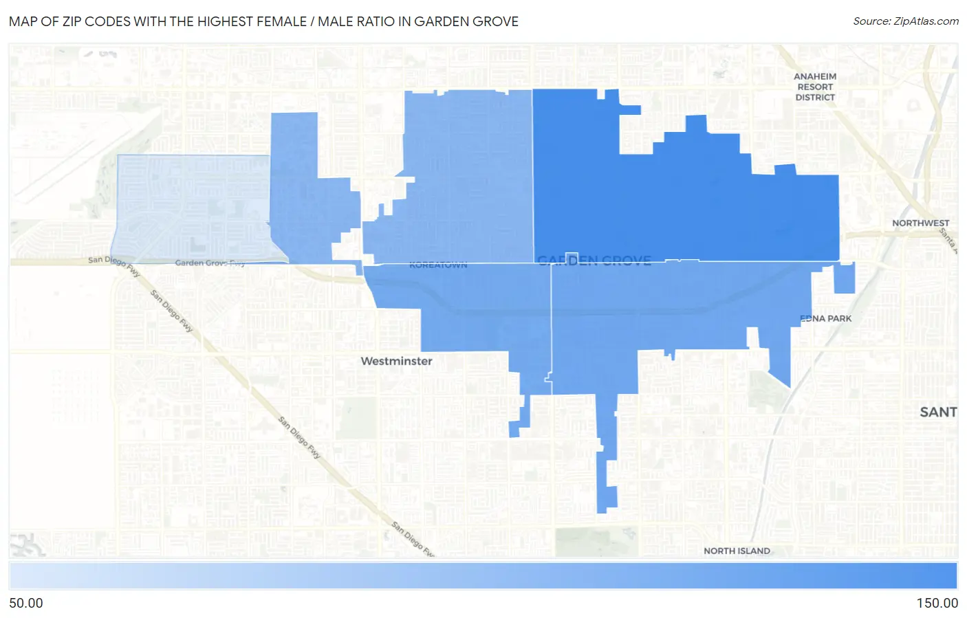 Zip Codes with the Highest Female / Male Ratio in Garden Grove Map