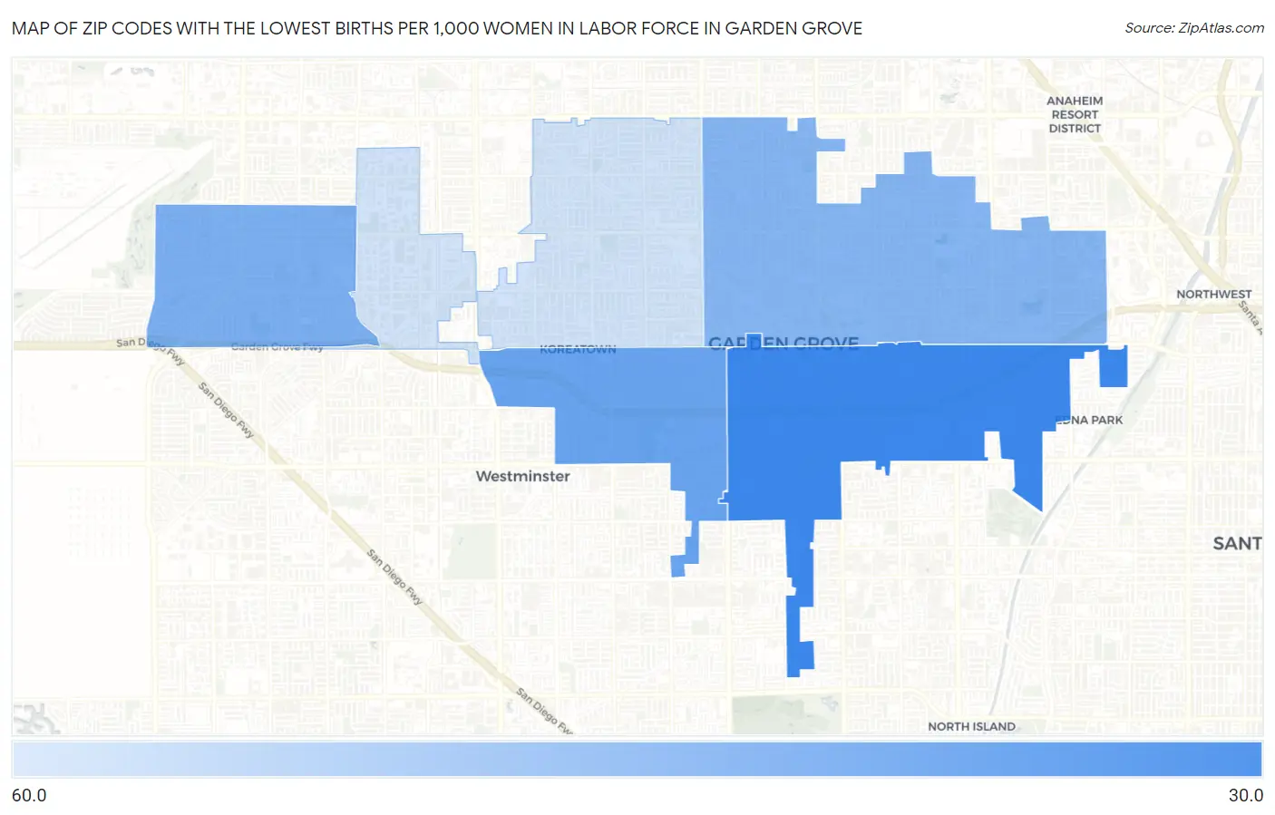 Zip Codes with the Lowest Births per 1,000 Women in Labor Force in Garden Grove Map