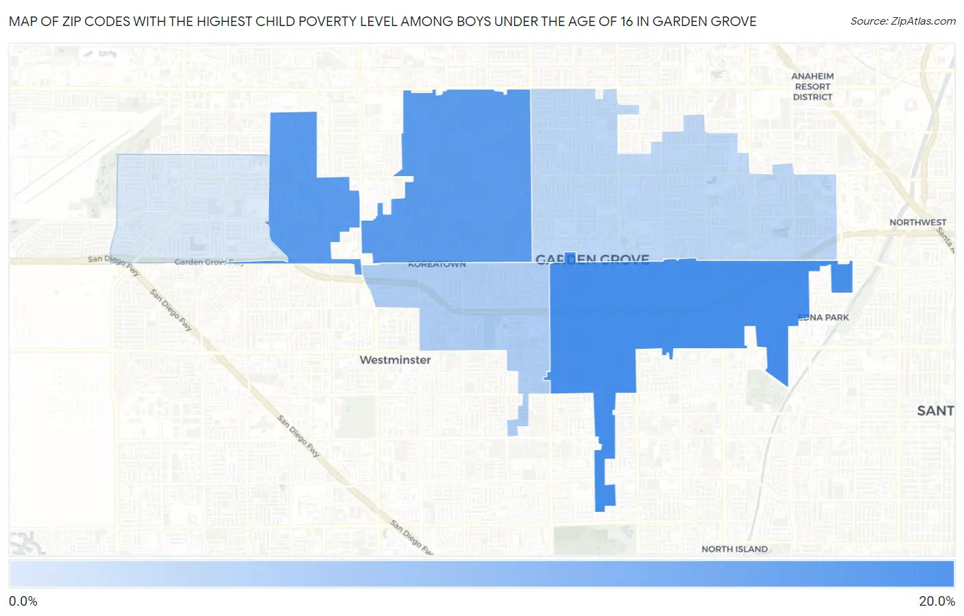 Zip Codes with the Highest Child Poverty Level Among Boys Under the Age of 16 in Garden Grove Map