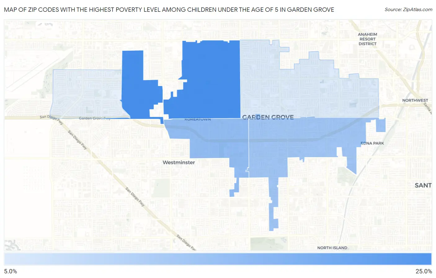 Zip Codes with the Highest Poverty Level Among Children Under the Age of 5 in Garden Grove Map