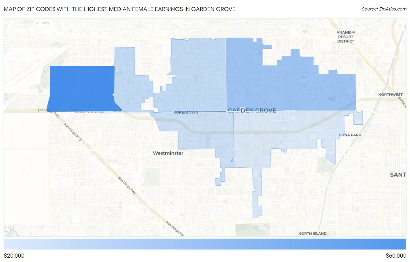 Zip Codes with the Highest Median Female Earnings in Garden Grove Map