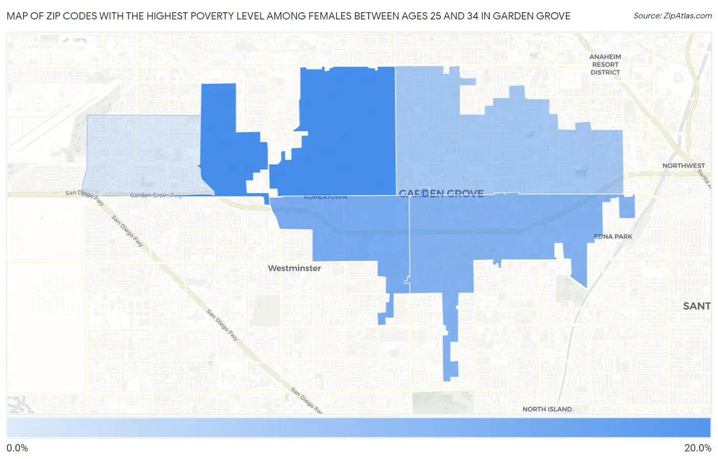 Zip Codes with the Highest Poverty Level Among Females Between Ages 25 and 34 in Garden Grove Map