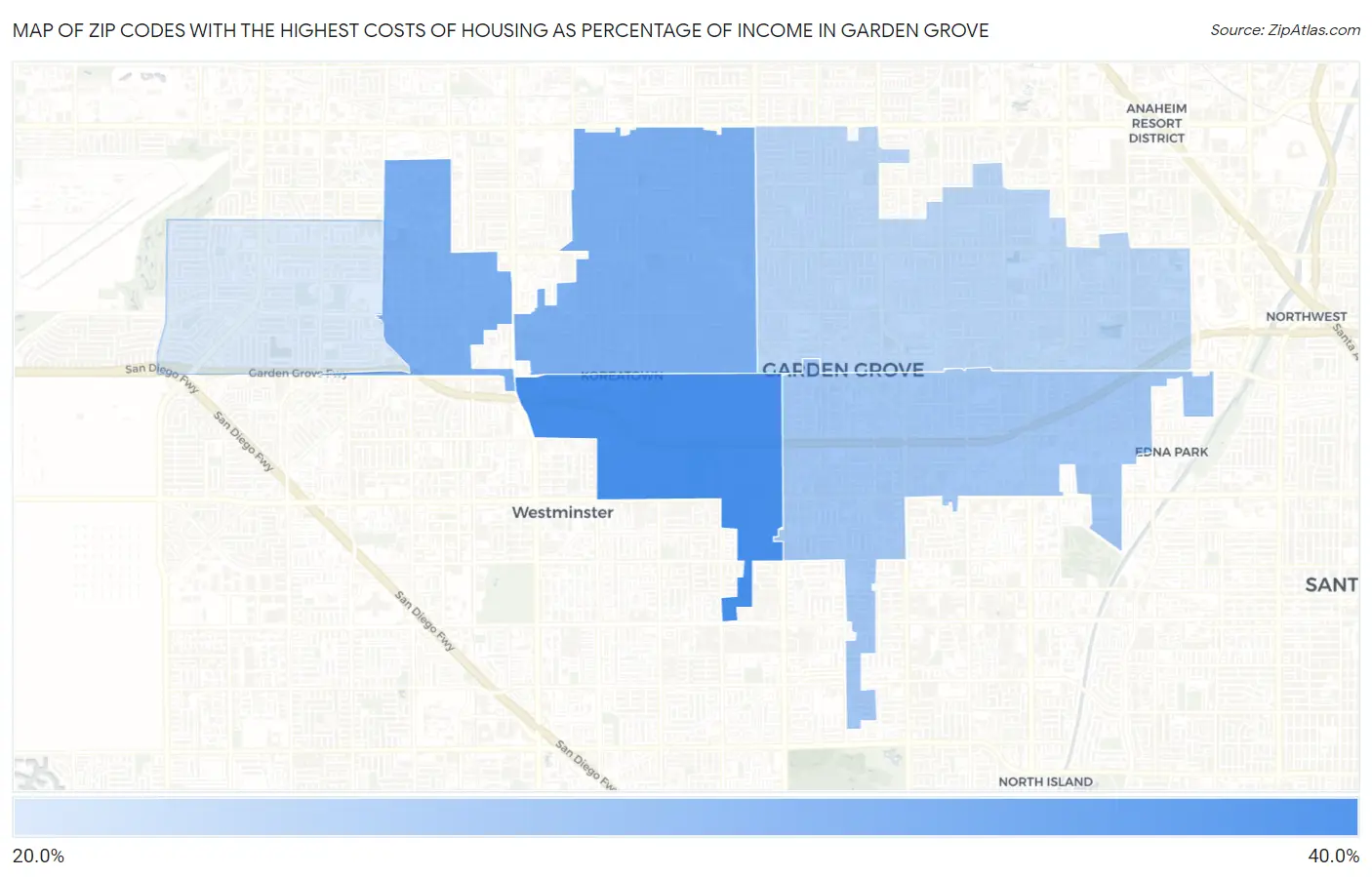 Zip Codes with the Highest Costs of Housing as Percentage of Income in Garden Grove Map