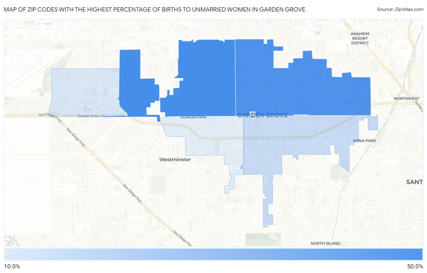 Zip Codes with the Highest Percentage of Births to Unmarried Women in Garden Grove Map