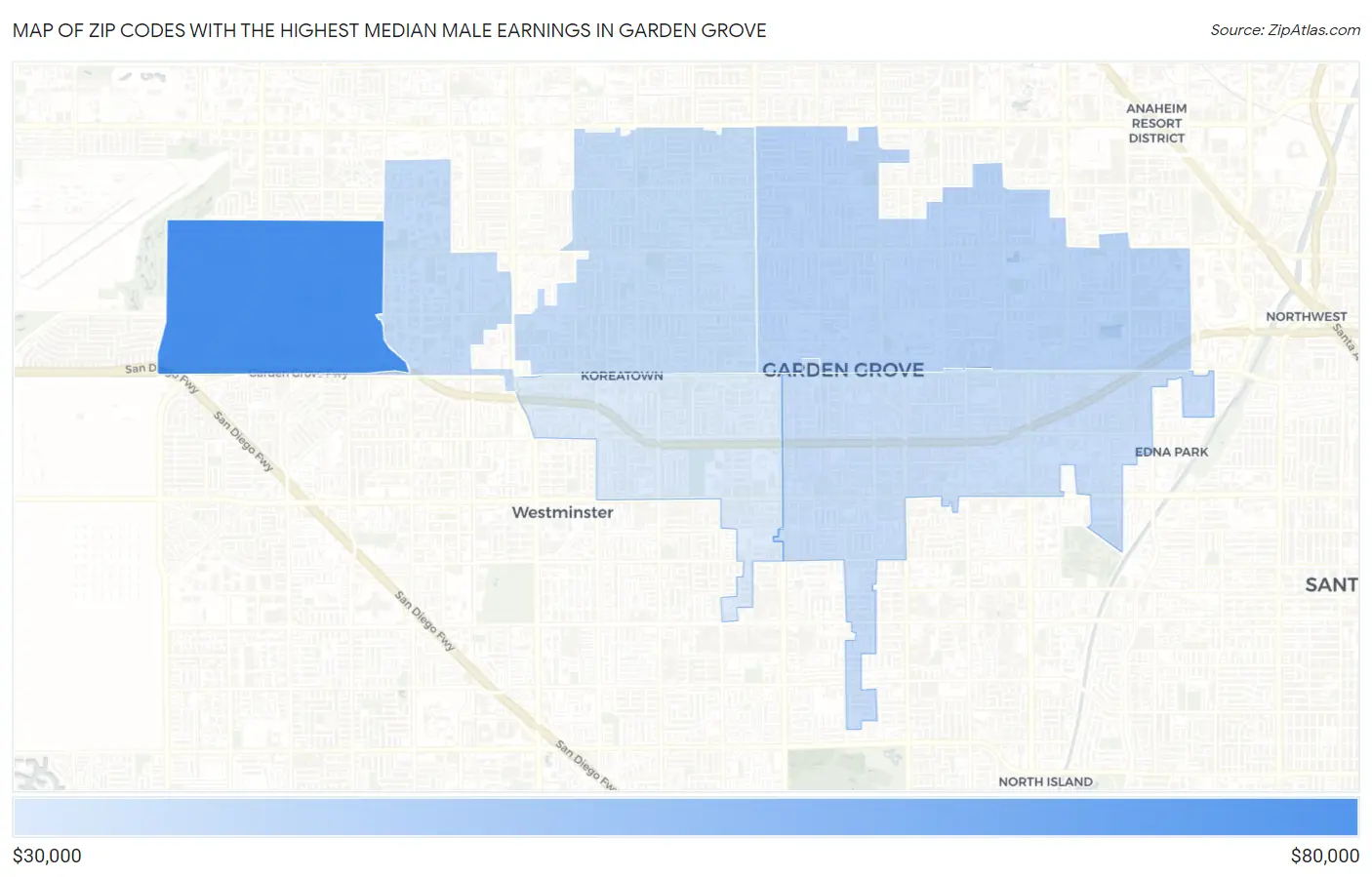 Zip Codes with the Highest Median Male Earnings in Garden Grove Map