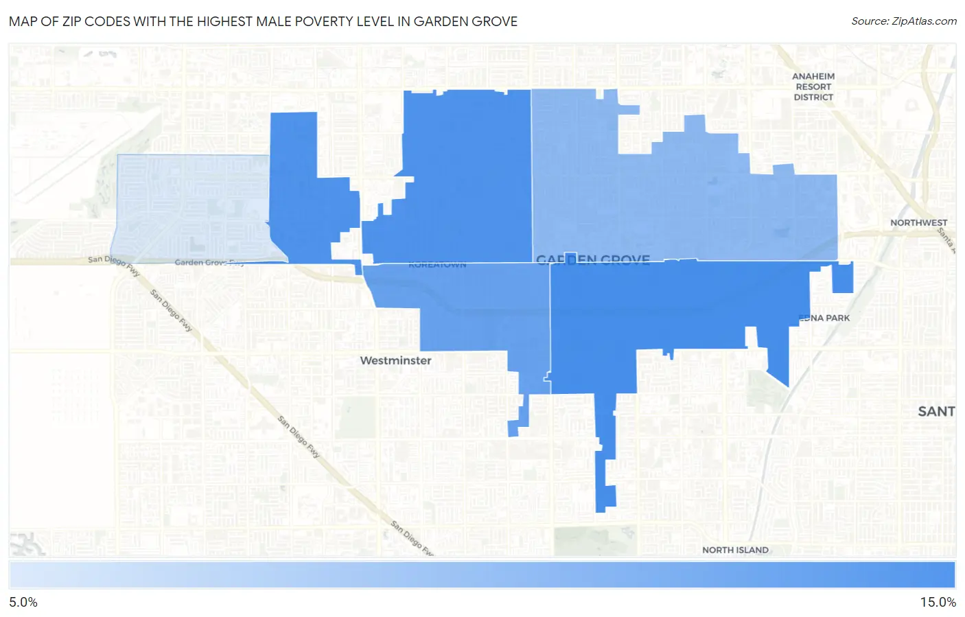 Zip Codes with the Highest Male Poverty Level in Garden Grove Map