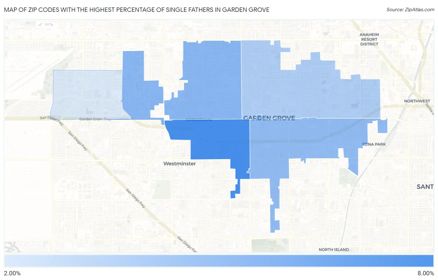 Zip Codes with the Highest Percentage of Single Fathers in Garden Grove Map