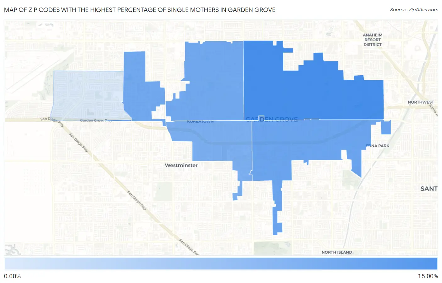 Zip Codes with the Highest Percentage of Single Mothers in Garden Grove Map