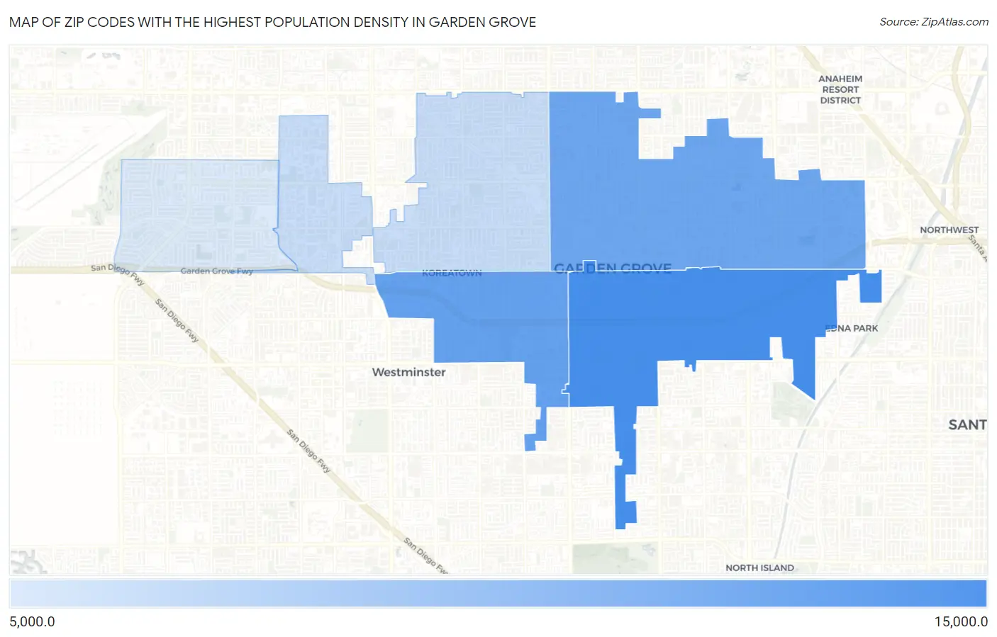 Zip Codes with the Highest Population Density in Garden Grove Map