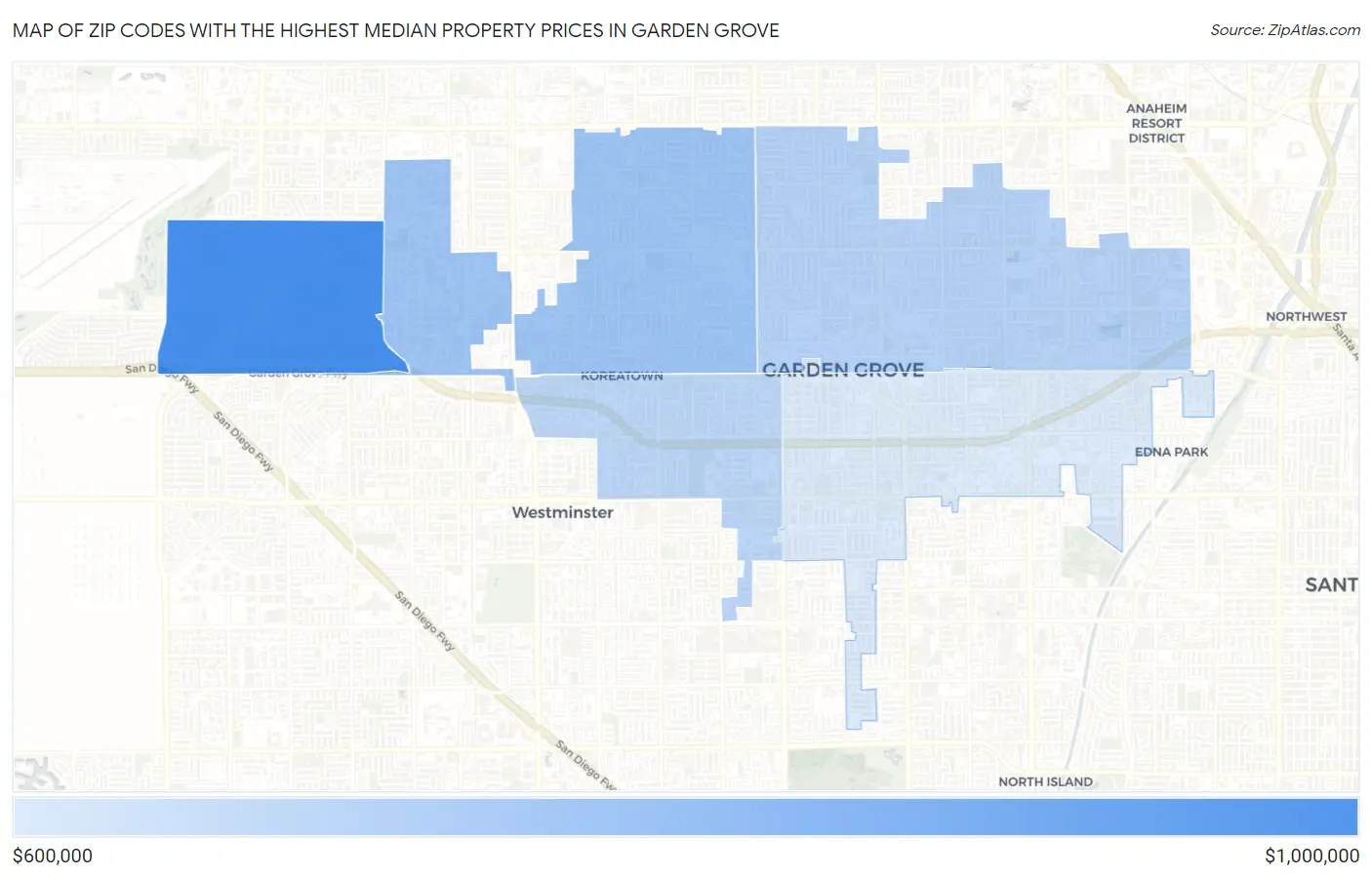 Zip Codes with the Highest Median Property Prices in Garden Grove Map