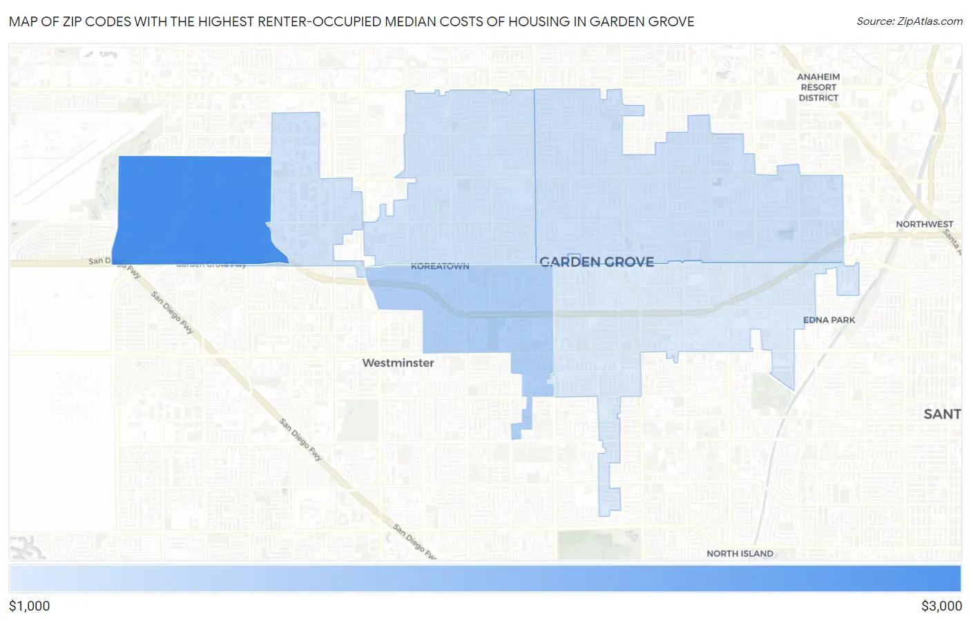Zip Codes with the Highest Renter-Occupied Median Costs of Housing in Garden Grove Map
