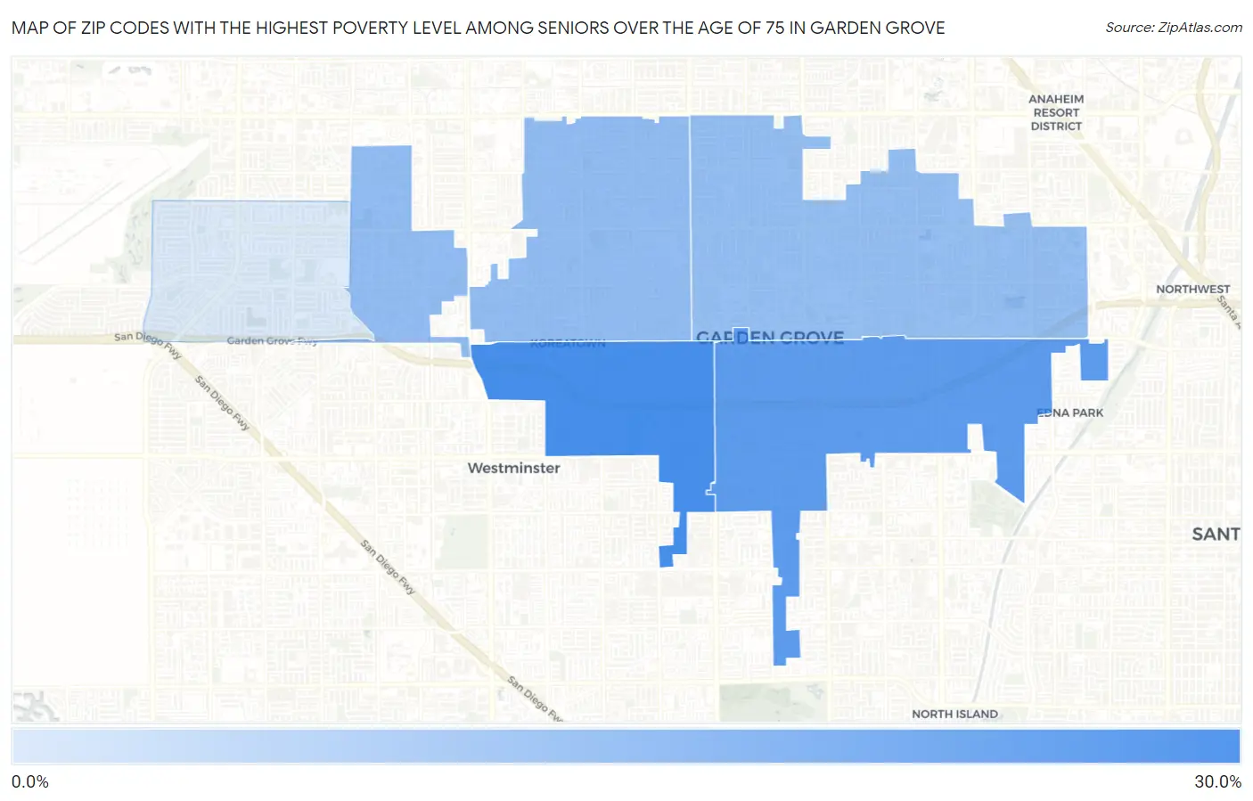 Zip Codes with the Highest Poverty Level Among Seniors Over the Age of 75 in Garden Grove Map