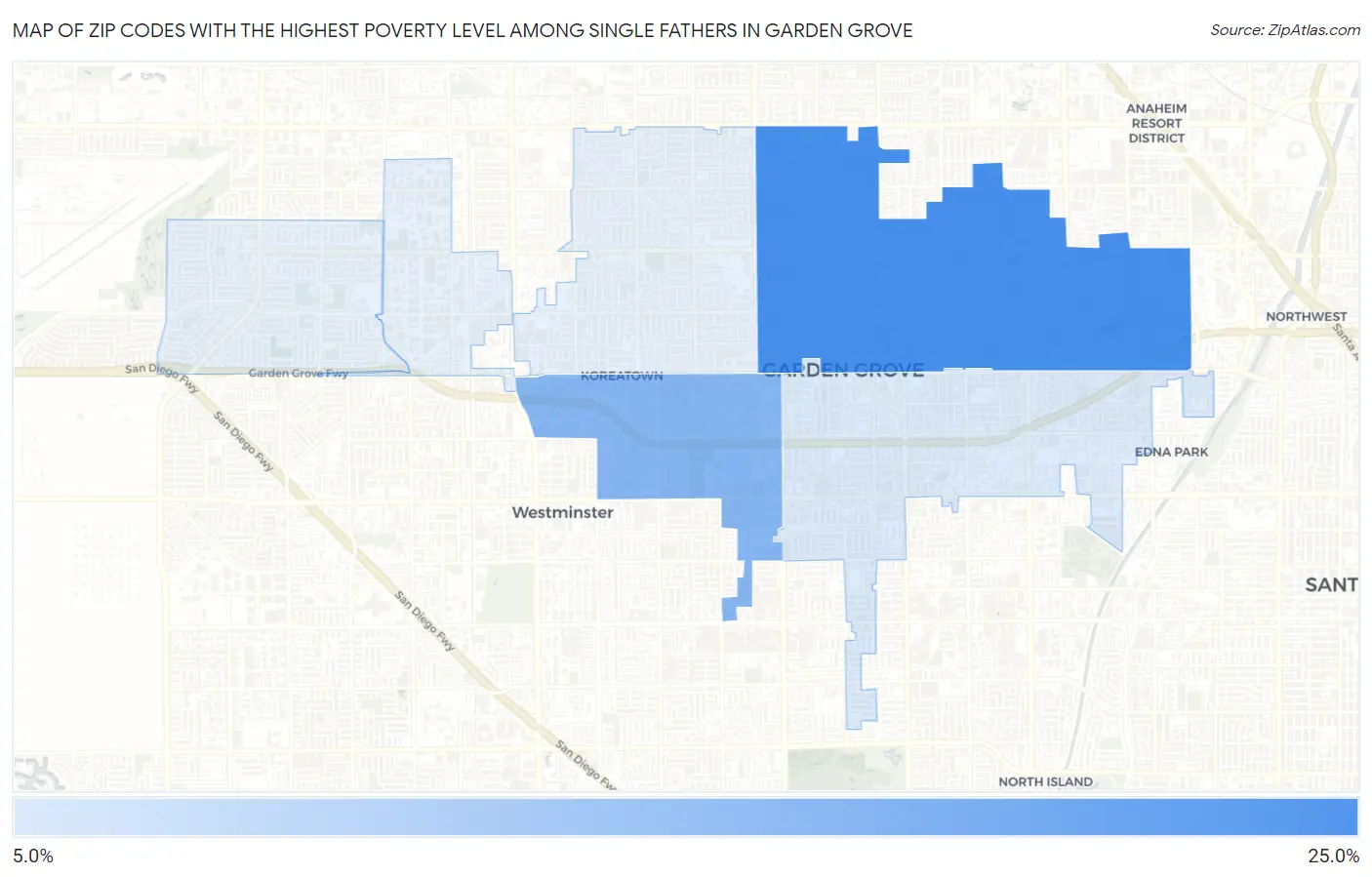 Zip Codes with the Highest Poverty Level Among Single Fathers in Garden Grove Map