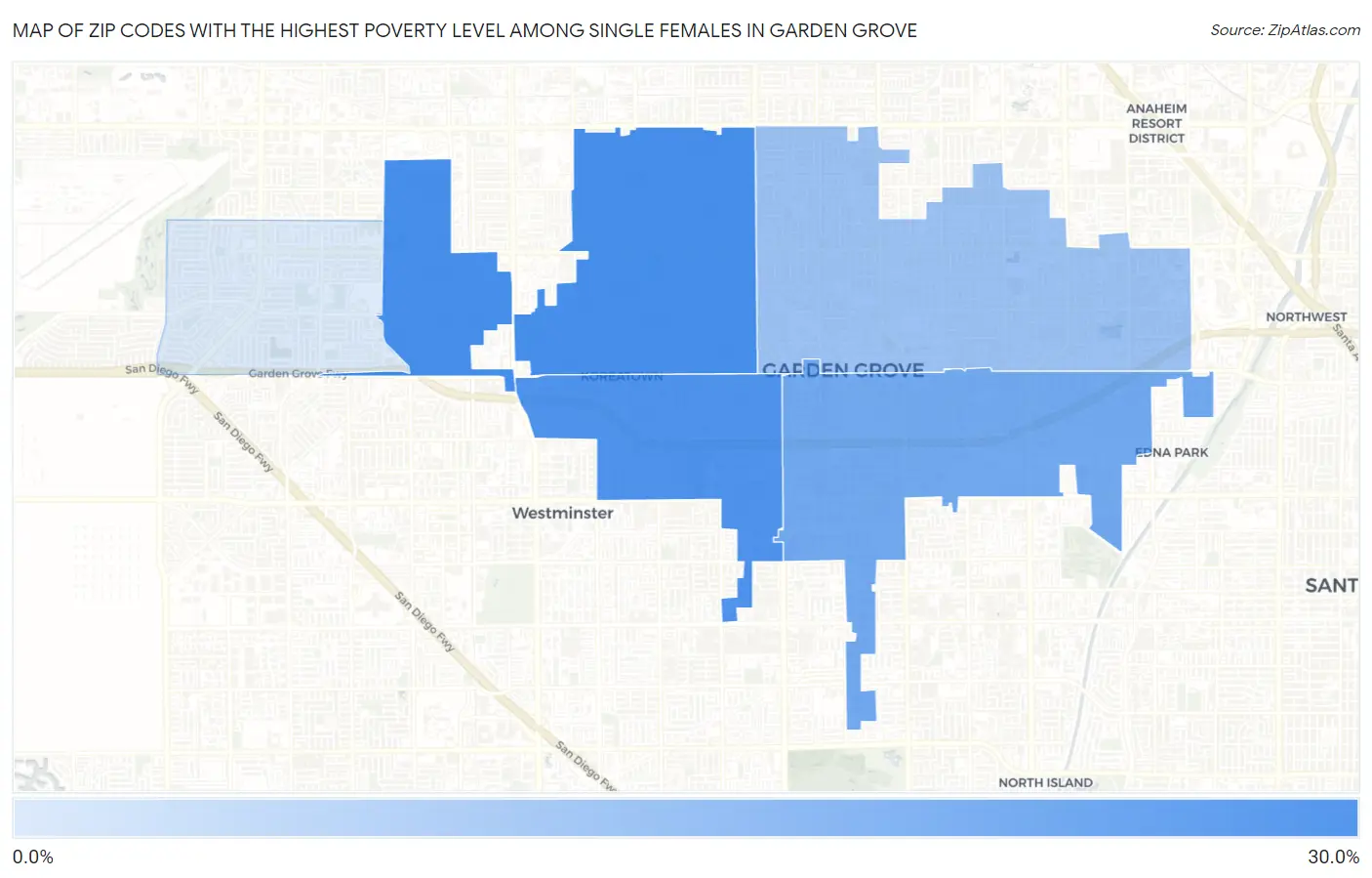 Zip Codes with the Highest Poverty Level Among Single Females in Garden Grove Map