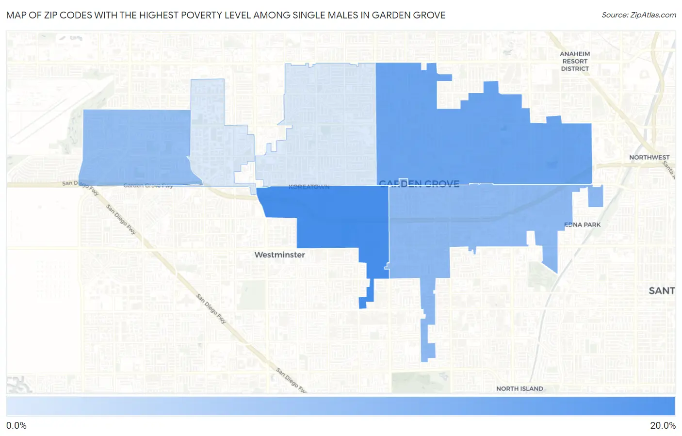 Zip Codes with the Highest Poverty Level Among Single Males in Garden Grove Map