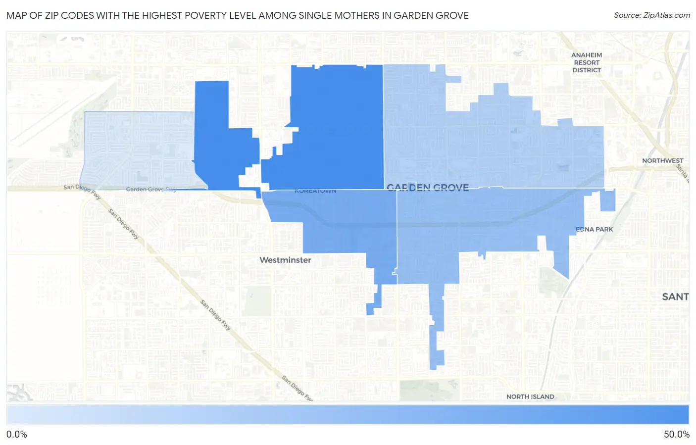 Zip Codes with the Highest Poverty Level Among Single Mothers in Garden Grove Map
