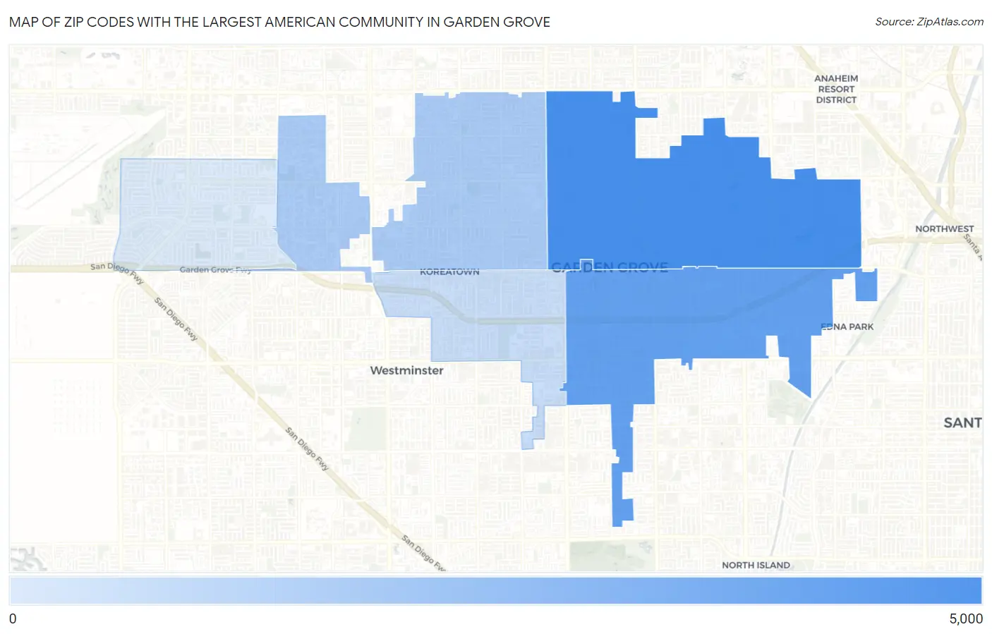 Zip Codes with the Largest American Community in Garden Grove Map